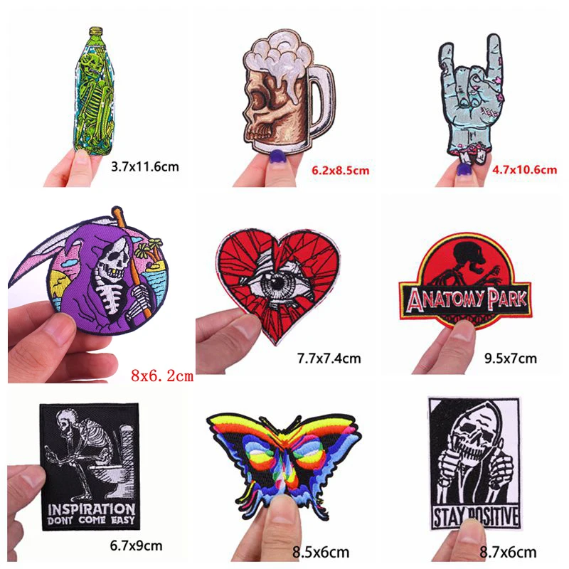 Prajna 10PCS Punk Skull Embroidery Patch Stripe Iron On Patches For Clothing DIY Rock Skeleton Patches On Clothes Sewing Sticker