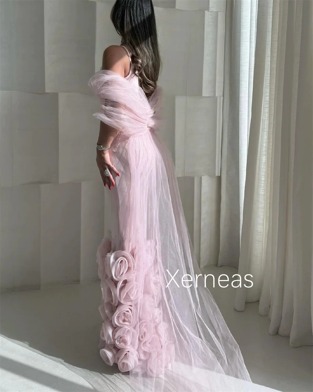 Customized Fashion Jersey Pleat Flower Mermaid Spaghetti Strap Long Dresses Bespoke Occasion Celebrity Chinese Style image 2