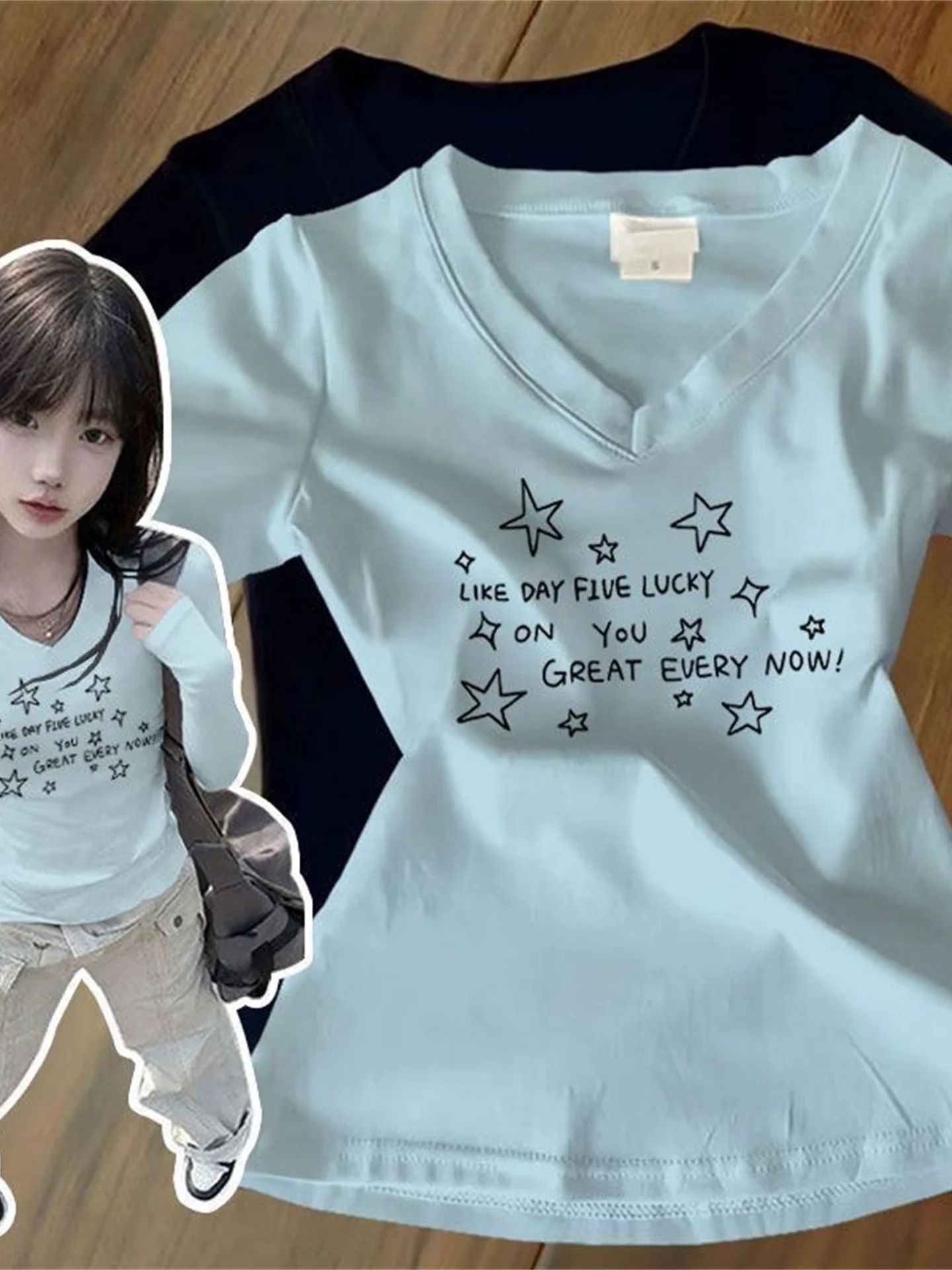 Camiseta interior de manga larga con cuello en V y corte ajustado para mujer, estilo retro americano, para otoño e invierno, para chicas, a la moda, con línea de hombros.