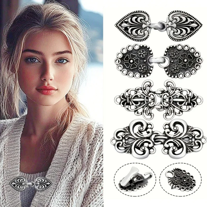 4Pcs Vintage Zinc Alloy Sweater Clips Rotating Shawl Pins Elegant Cardigan Collar Fasteners Decorative Clothing Cinch Clips