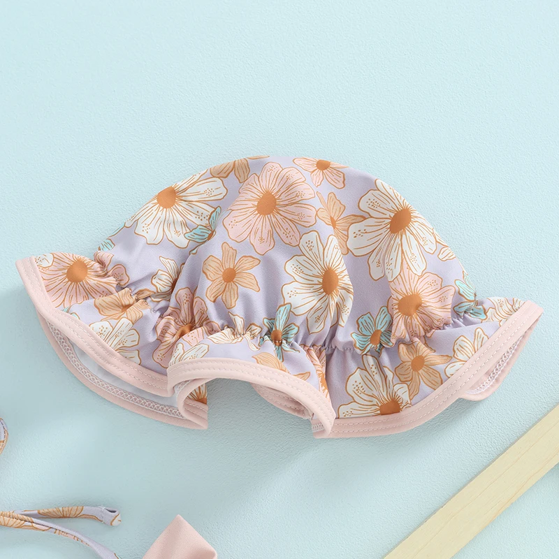 

Baby Girl Bikini Suit Infant Swimsuit 3pcs Floral Print Halter Top with Bow Ruffle Elastic Waist Shorts Hat