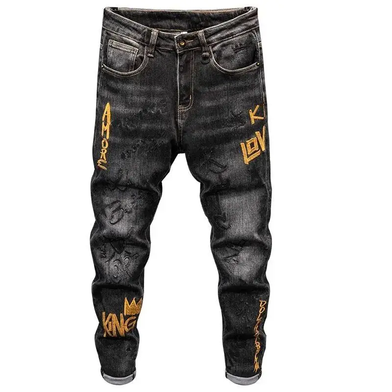 Moda high-end coreano luxo streetwear punk casual fino ajuste jeans para primavera e outono com design de bordado 3d jeans