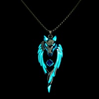 Vintage Glowing In The Dark Moon Luminous Wolf Pendant Necklace for Hip Hop Men Cool Beach Party Jewellry
