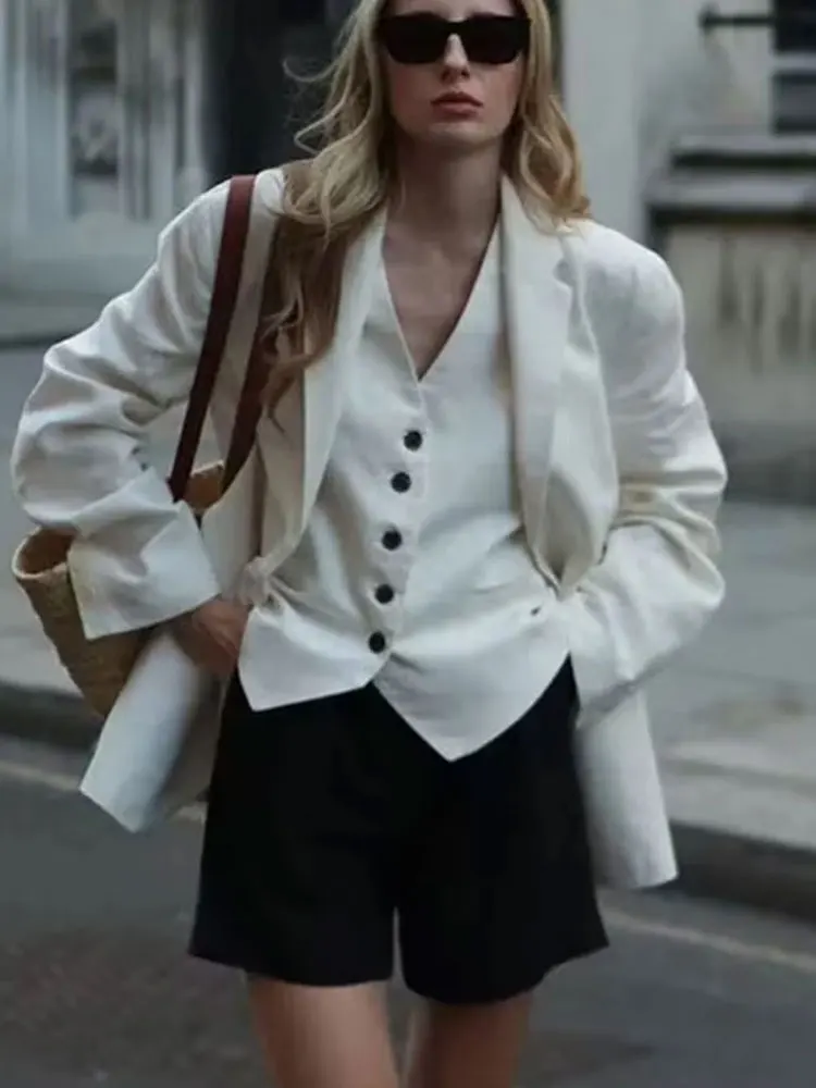 HH Causale Lino Solid Gilet per le donne 2024 Estate senza maniche con scollo a V monopetto Office Lady Fashion Gilet di lino Top