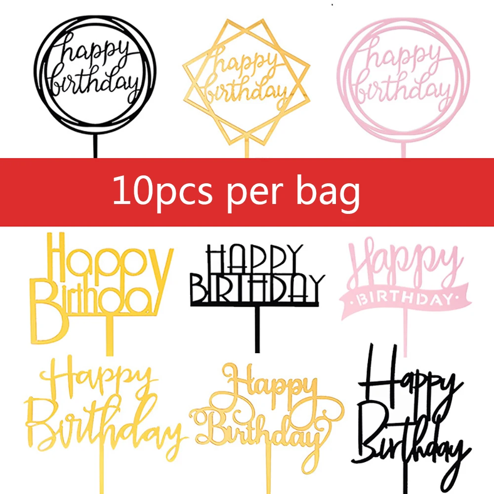 10pcs Happy Birthday Cake Topper Acrylic Gold Mirror Cupcake Topper For Kids Birthday Party Cake Dessert Decorations Baby Shower