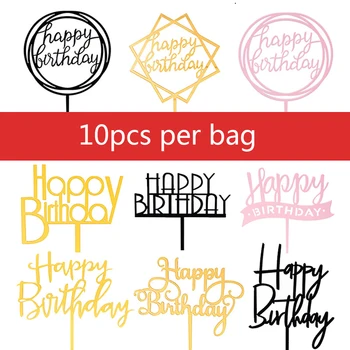 10 Uds. Adorno para tarta de feliz cumpleaños, adorno acrílico dorado para magdalenas con espejo para niños, decoraciones para postres y pasteles para fiesta de cumpleaños, Baby Shower