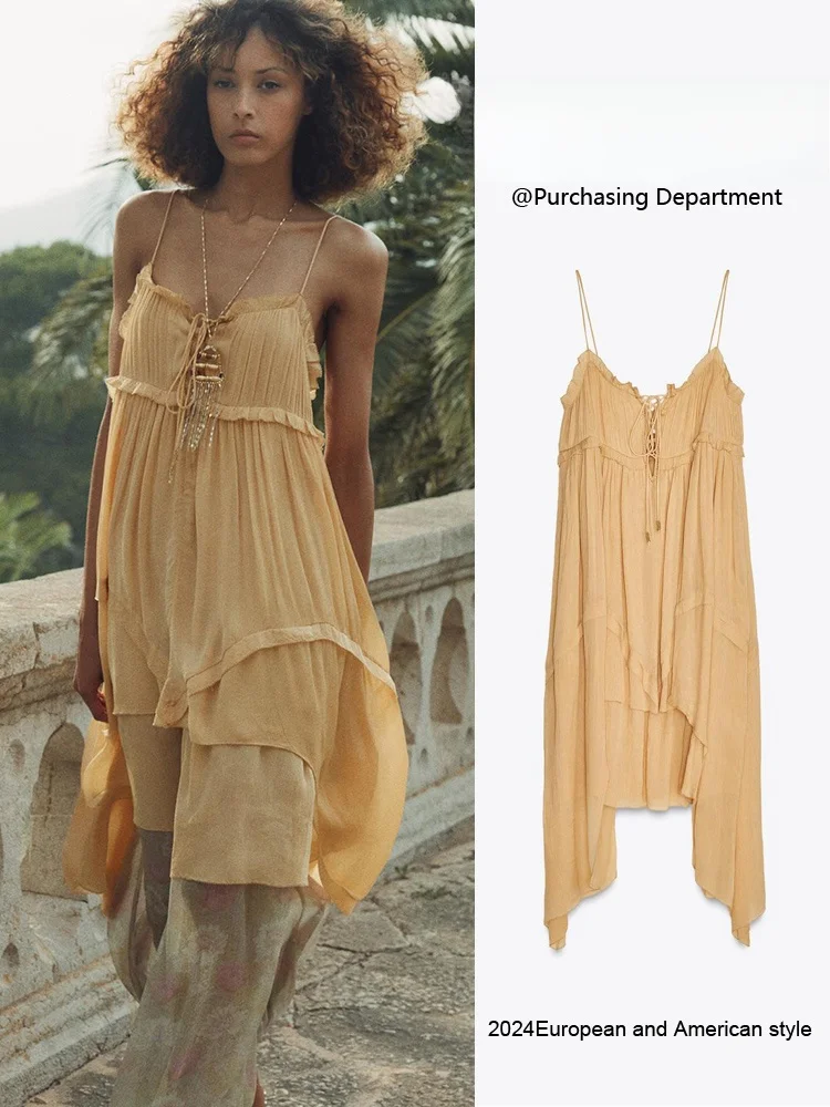 Summer 2025 New Women's Faion Sexy Strap Asymmetric Layered Decoration Dr Mid-length Svel Evening Gown Pure Color