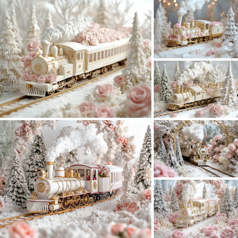 

Christmas Themed Wall Photo Backdrop White And Gold Vintage Train Baby Kids Portrait Family Party Backgrounds