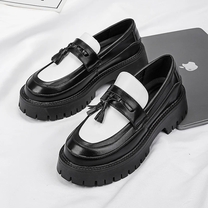 Fashion Brand Spring Round Tassel Casual Leather Shoes British Style Mens Comfortable Thick Sole Inner Height Increasing Loafers