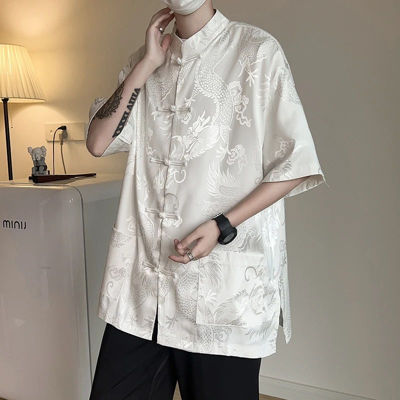 New Chinese Style Men's Shirt Half Sleeve Dragon Pattern Double Sided Jacket Loose Fit Summer Fashion Youth  Regular Thick...