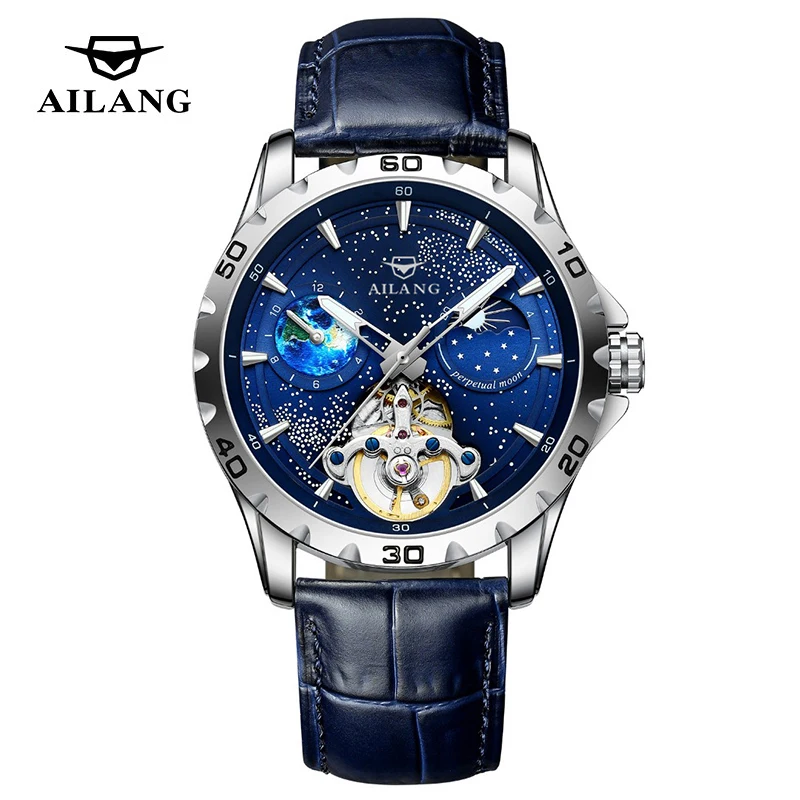 

AILANG Элитный бренд Moon Phase Автоматические механические часы для мужчин Светящееся звездное небо Оригинальные мужские часы со скелетом и турбийоном