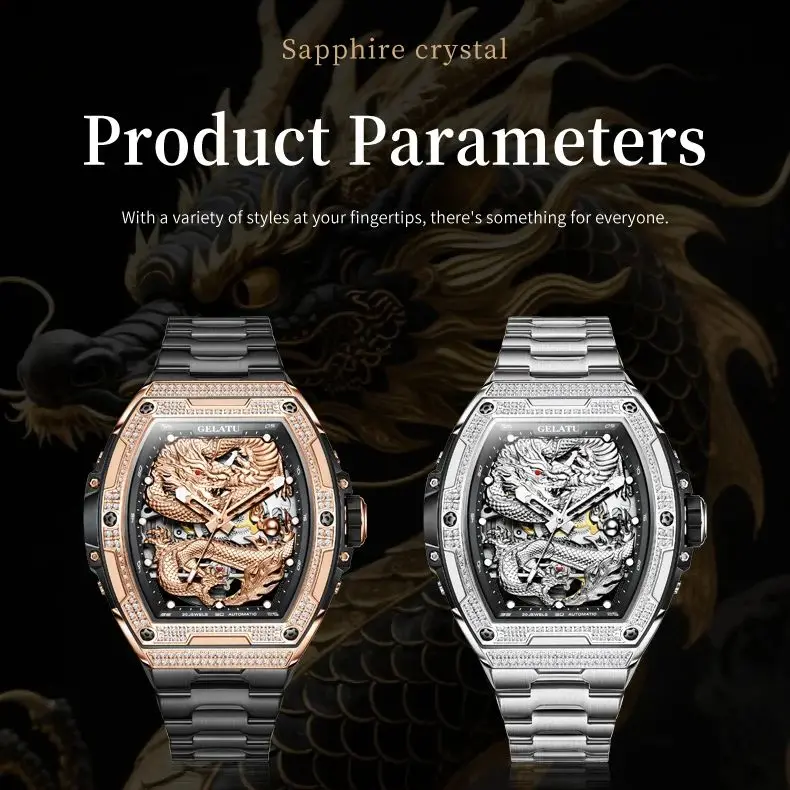 GELATU 6021 Men Watch Luxury Full Diamond Hollow Dragon Dial Waterproof Luminous Watch Brand Men Automatic Mechanical Watch