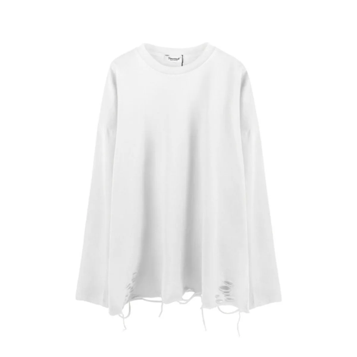 Japanese High Street Fashion Long Sleeved T-shirt with A Torn Hem Men's Trendy Loose Solid Color Bottom Layer Tees