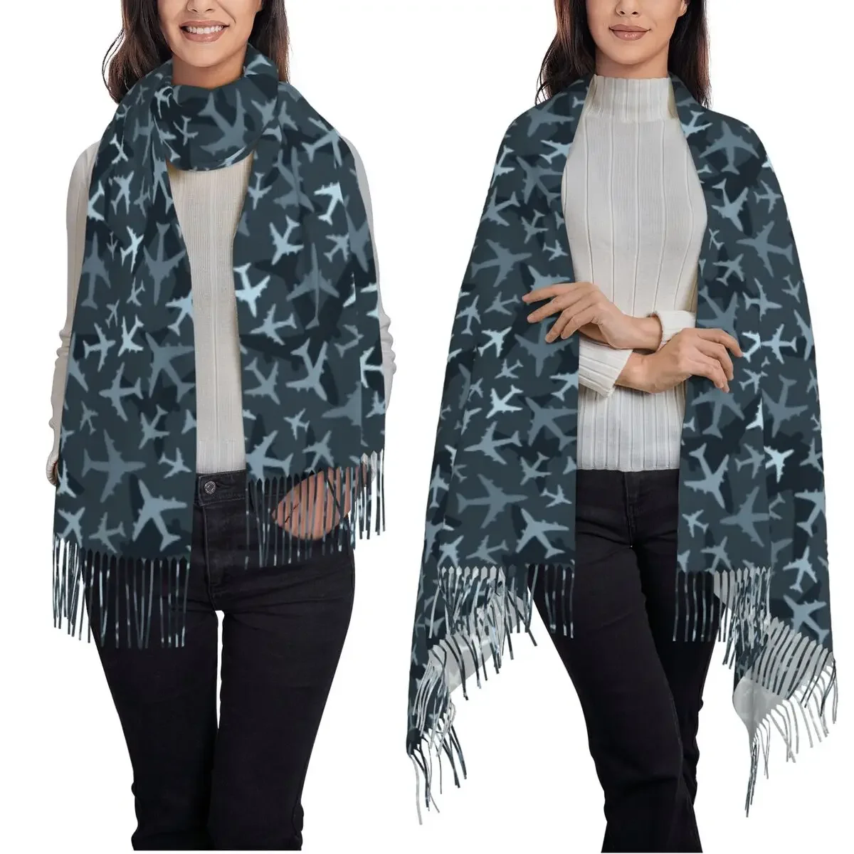 Customization Random Airplanes Pattern Aviation Fighter Pilot Scarf Tassel Scarves For Women Soft Shawls And Wraps Long Fall Win