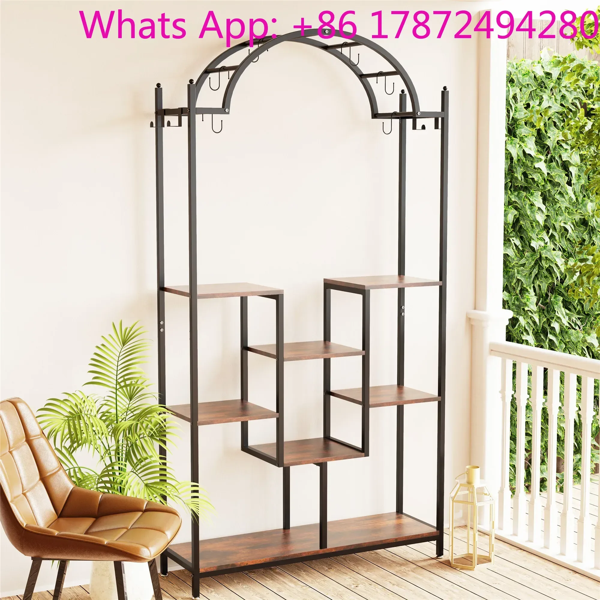 74.8'' Arched Metal Flower Shelf with Hanging Hooks, Large Bonsai Pots Display Rack for Garden