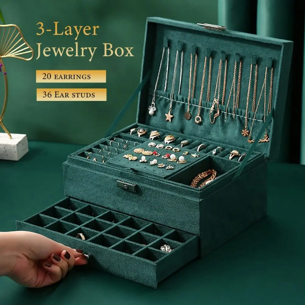 

Velvet Jewelry Storage Box 3 Layers With Lock And Drawer Earring Ring Necklace Organizer Large Capacity Jewelry Box Organizer