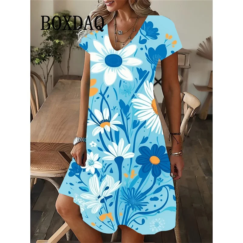 فستان نسائي صيفي جديد لعام 2025 فستان أنيق مثير بياقة على شكل حرف v فضفاض على شكل حرف a عتيق مطبوع عليه زهور وأكمام قصيرة فساتين نسائية غير رسمية للشارع