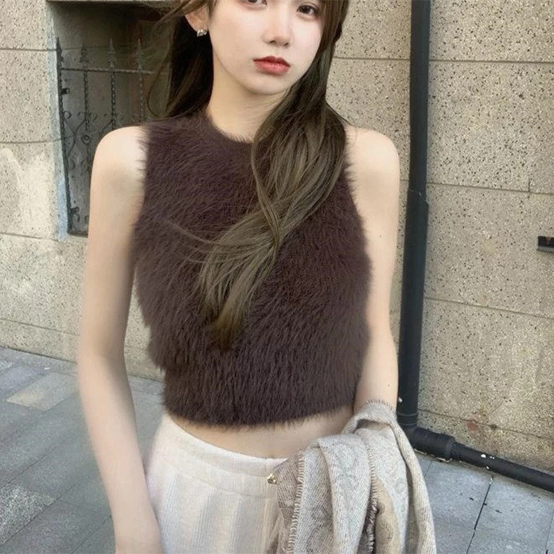 

Women Faux Fur Camisole Vest Plush Inner Wear Cropped Tops Autumn Winter Female Club Party Sleeveless Sweater Tank Tops