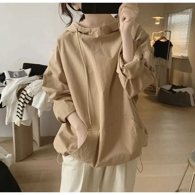 

2024 Spring Autumn New Solid Color Fashion Long Sleeve Hoodies Women High Street Casual Drawstring Pockets All-match Pullovers