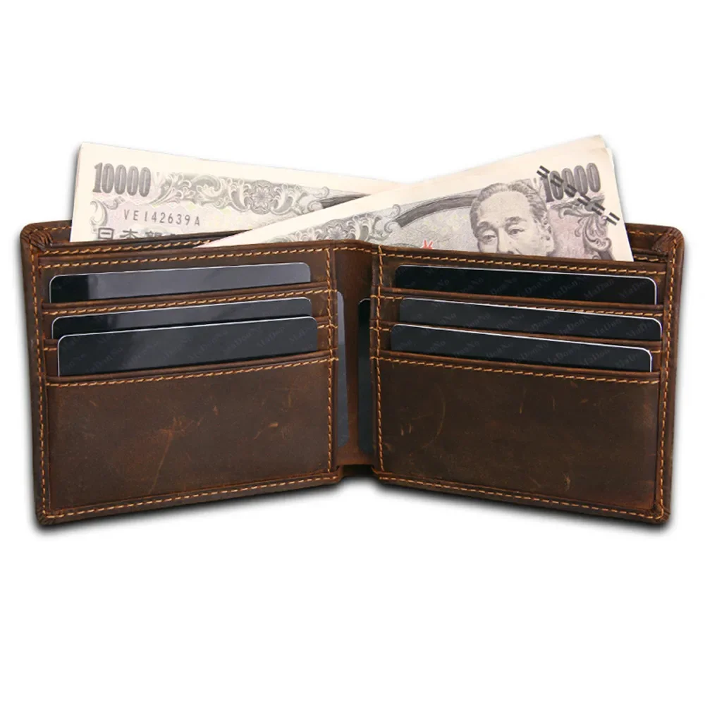 RETROGOO 100% Genuine Leather Vintage Men Short Wallet Male Retro Purse Crazy Horse Handmade Business ID Card Small Money Bag