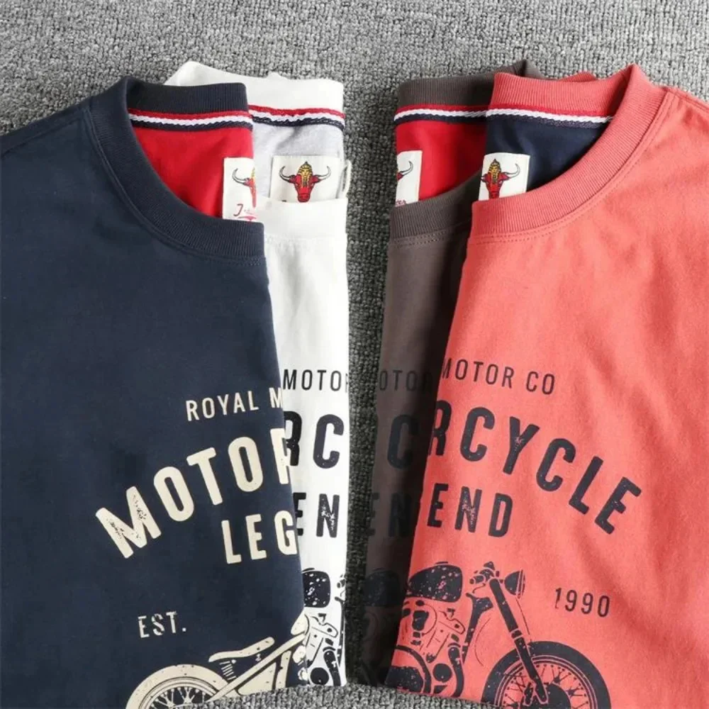 

2026 Motorcycle element print fashion trend short sleeve T-shirt men's pure cotton ground wool wash comfortable round neck half