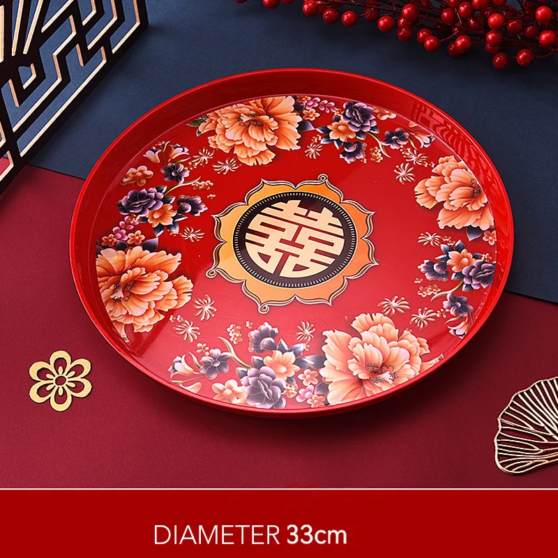 Bandeja china tradicional roja Xi, bandeja de plástico para té, cocina, almacenamiento de aperitivos de frutas, suministros festivos para banquetes