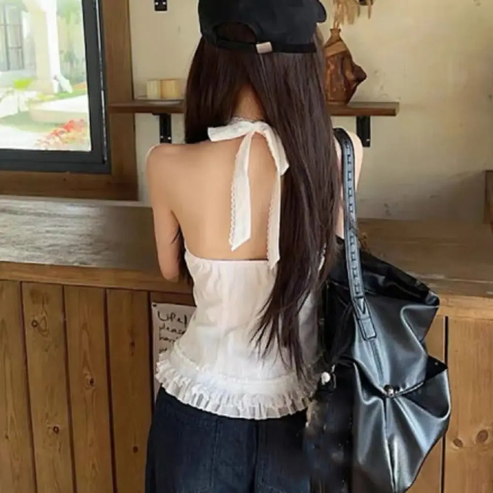 Fashion V Neck Lace Halter Crop Top Sweet Sleeveless Lace Vest Top Girl Korean Style Slim Fit Hanging Neck Camisole Summer