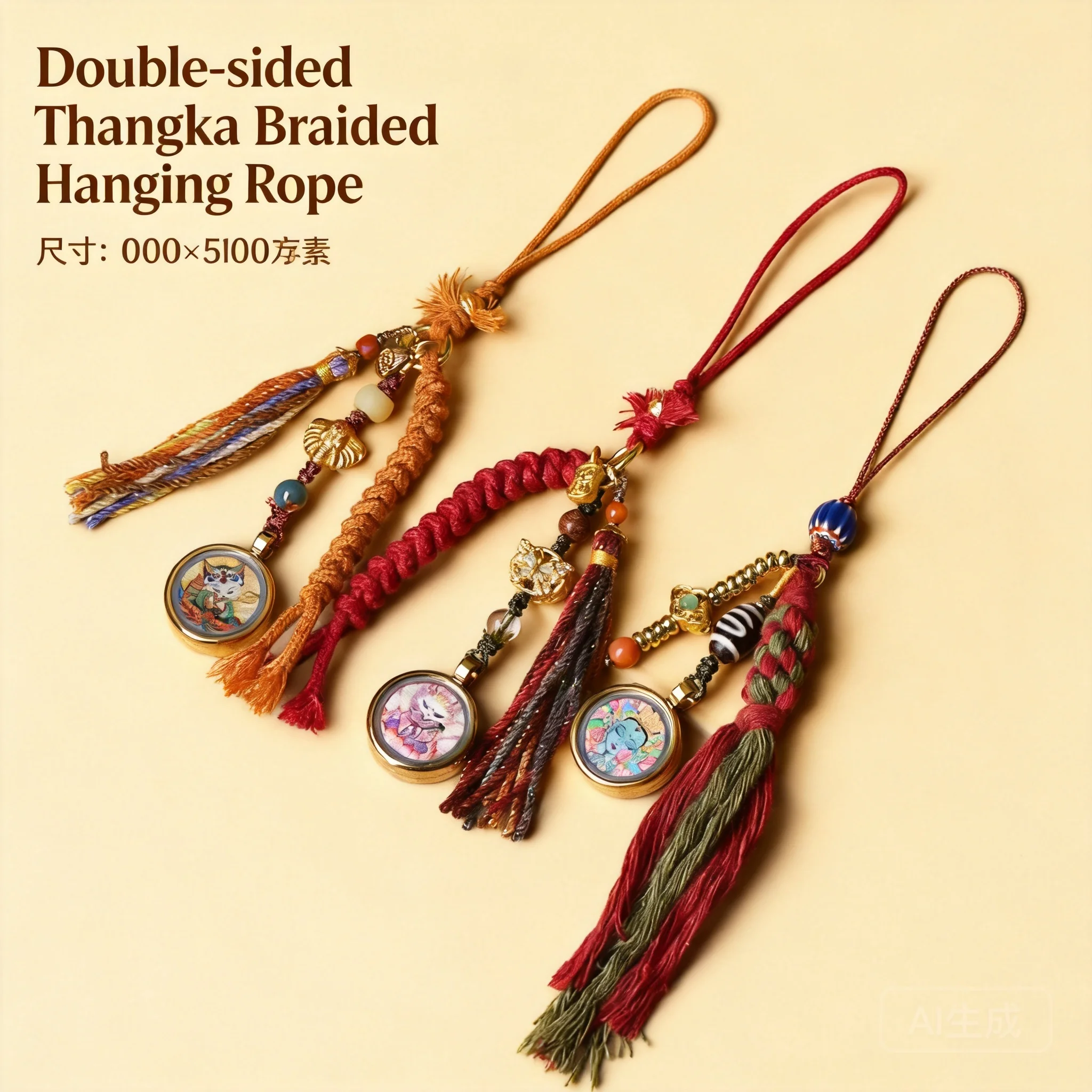 Traditional Chinese Tibetan Style Mini Thangka Pendant Hand Woven Cotton Rope Lucky Blessing Fortune Amulet Phone Charm Keychain