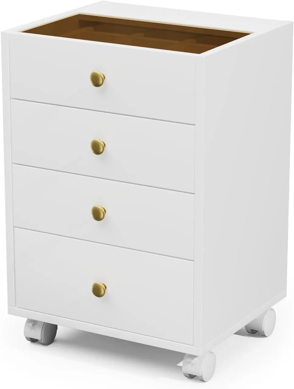 

Under Desk Storage, 4 Drawer File Cabinet, Glass Top, Mobile Printer Stand with Lockable Wheels, White