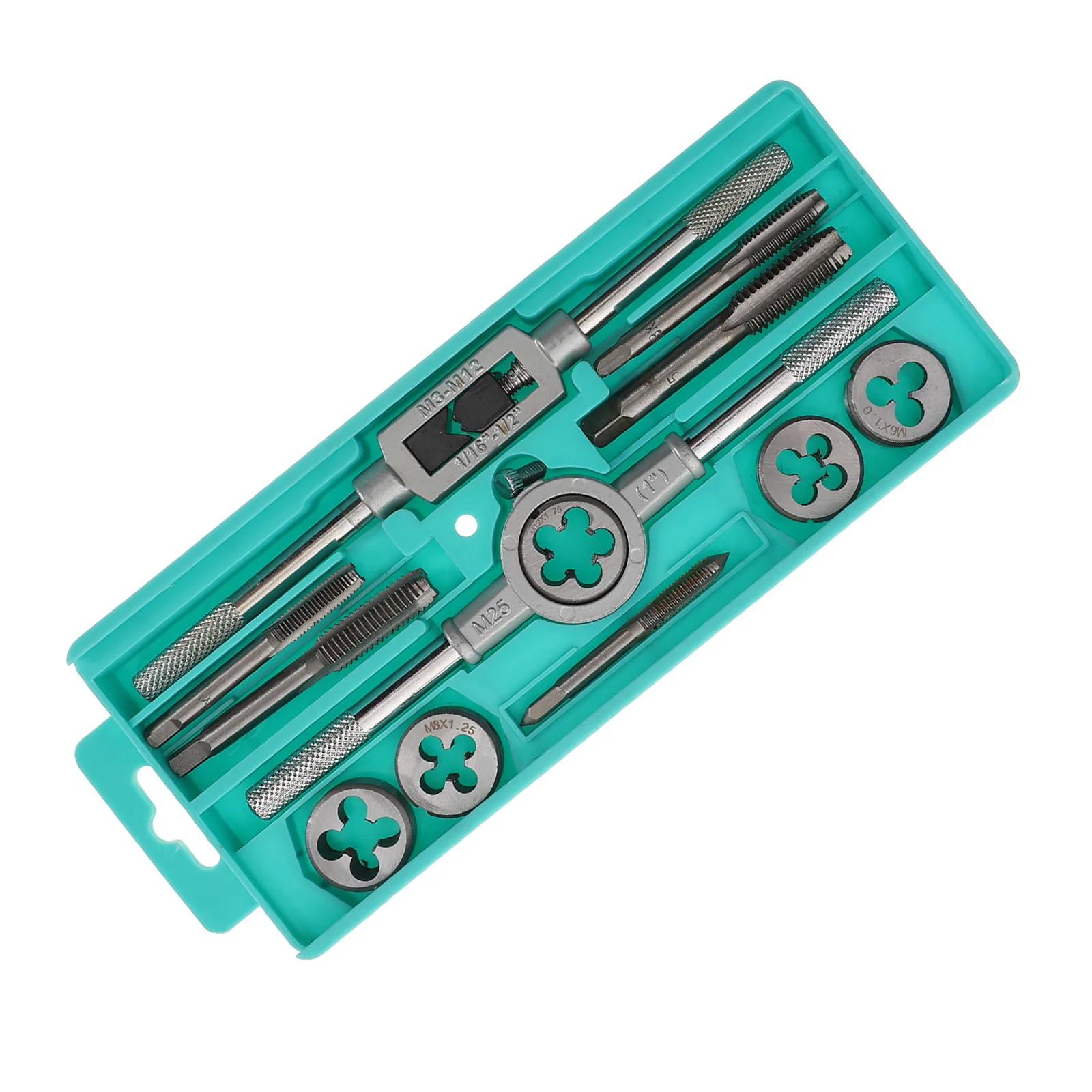 

12pcs Tap Die Set Heavy Duty Threading Tool Kit Ratchet Handle Wrench Plastic Box Storage Screw Extractor Hand Taps Durability