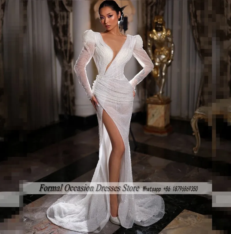 

Luxury Pearls Wedding Dress Long Sleeves Sexy V Neck Mermaid High Split Bridal Gowns wedding guest dresses Classy Customized