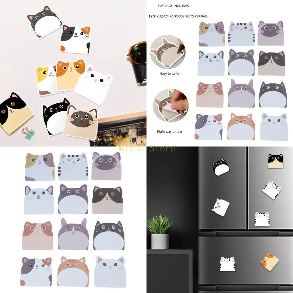 12pcs كرتون حيوان لزجة الملاحظة اللزجة ملاحظة لزجة غير مبطنة Pocke Memo Pad Cats Note Paper Ashesive 30 Sheets/Pad Best