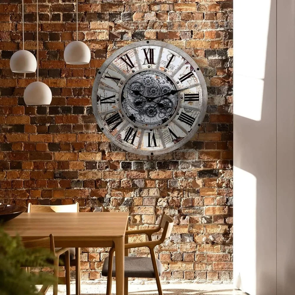 Unique Industrial Steampunk Large Wall Clock - Battery Powered with Real Moving Gear, Modern Country Farmhouse Retro Decoration