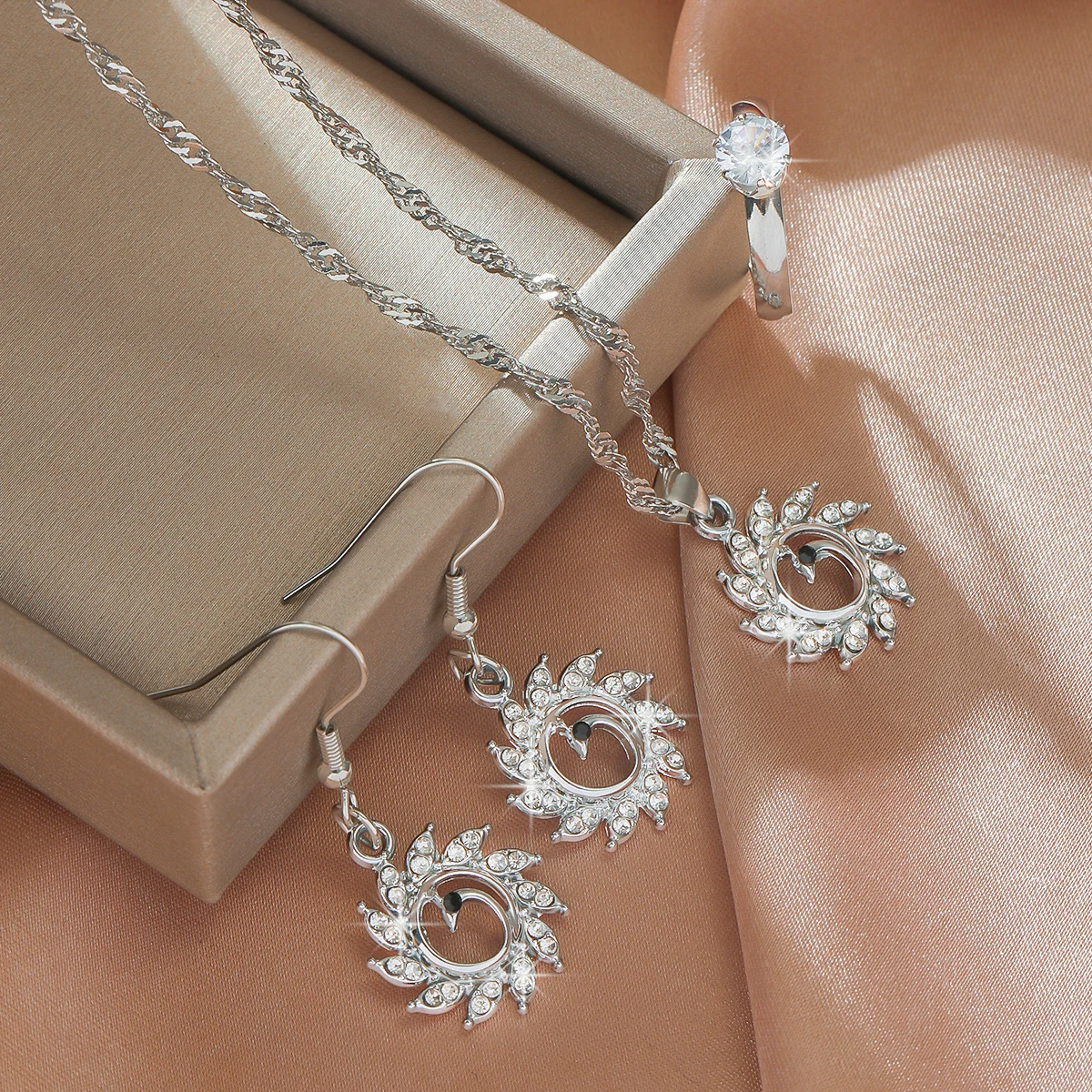 4Pcs Women Jewelry Set, Elegant Necklaces Earrings Ring Accessory Kit for Party Daily Valentine's Day Christmas Gift