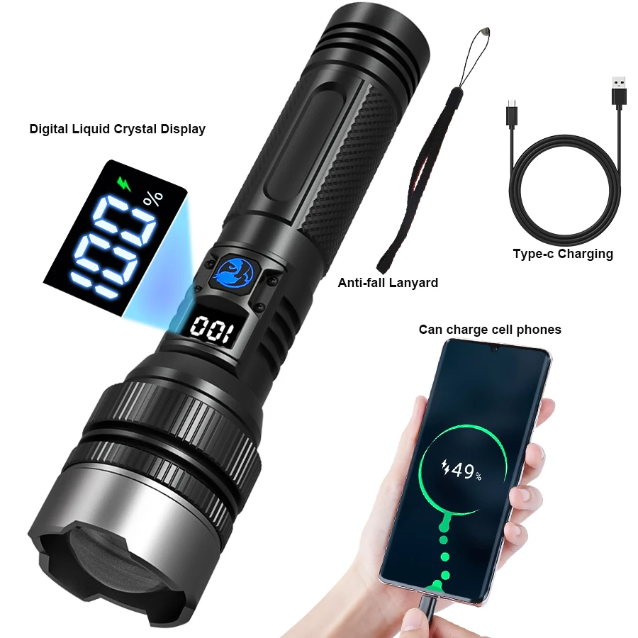 1.000.000LM Superhelle LED-Taschenlampe Wiederaufladbar USB-C Digitales Display IPX8 Wasserdicht Langlebig für Camping und Notfälle