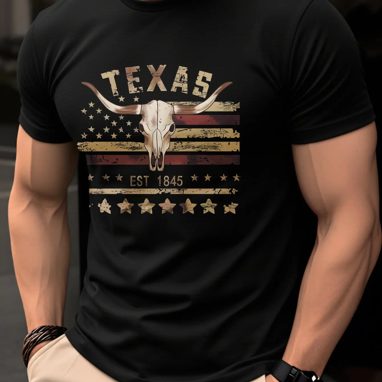 Camiseta Texas EST 1845 con Calavera de Longhorn para Hombre, Estampado Vintage de la Bandera Americana, Estilo Vaquero Occidental Informal, Camiseta de Manga Corta de Algodón