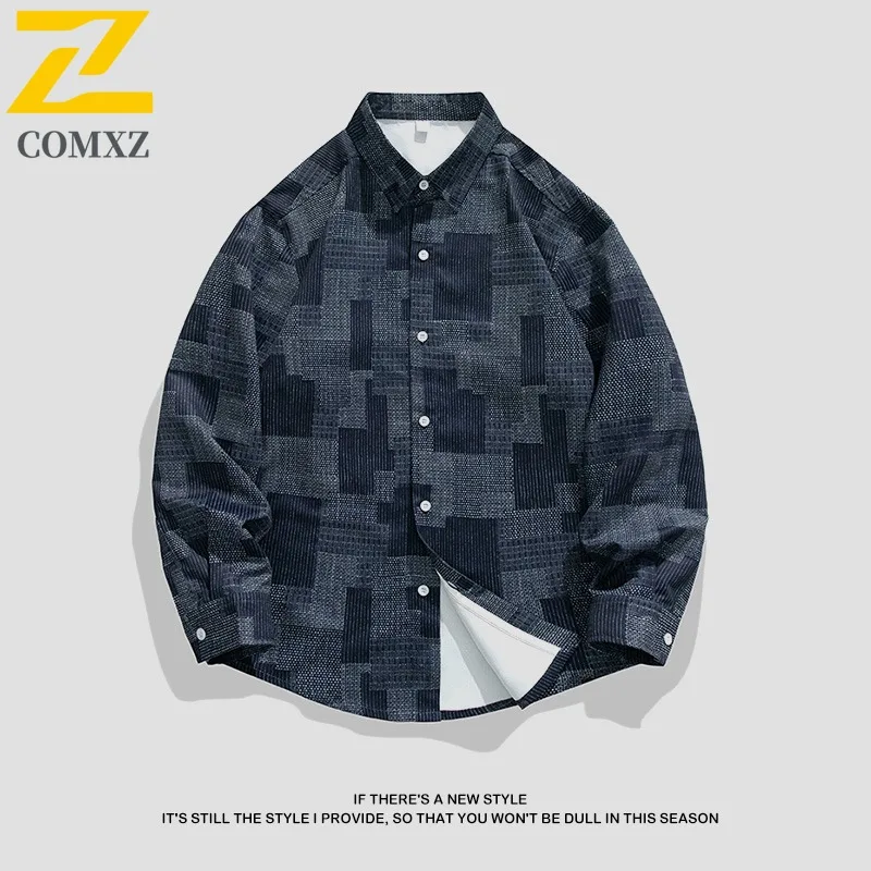 COMXZ Men Jacket Trendy Japanese Style Full Print Loose Fit Long Sleeve Outdoor Hiking Casual Lightweight Coat  Autumn Jackets