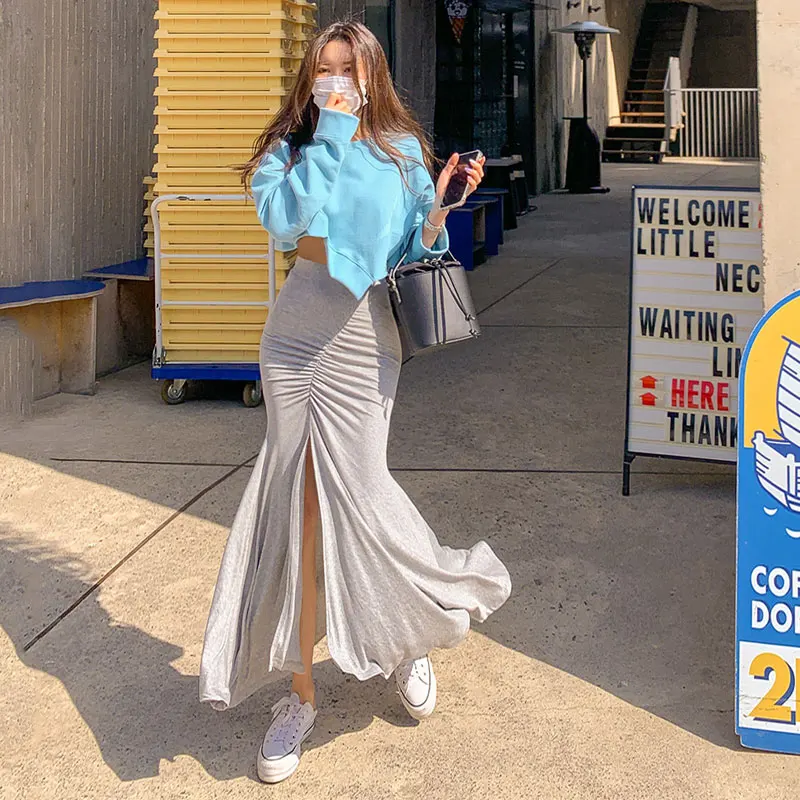 

Slim Fit Color f Skirt Women's Design High Waist A-Line Skirt Lace Trim Mid-Length Wrap Fi Tail Summer Split
