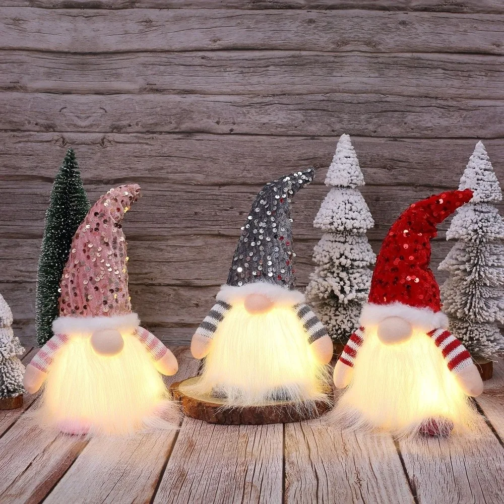 Fabric Christmas Gnome Figurine White Beard Sequin Pointed Hat Lighted Gnome Decoration Freestanding Light Up Gnome Doll