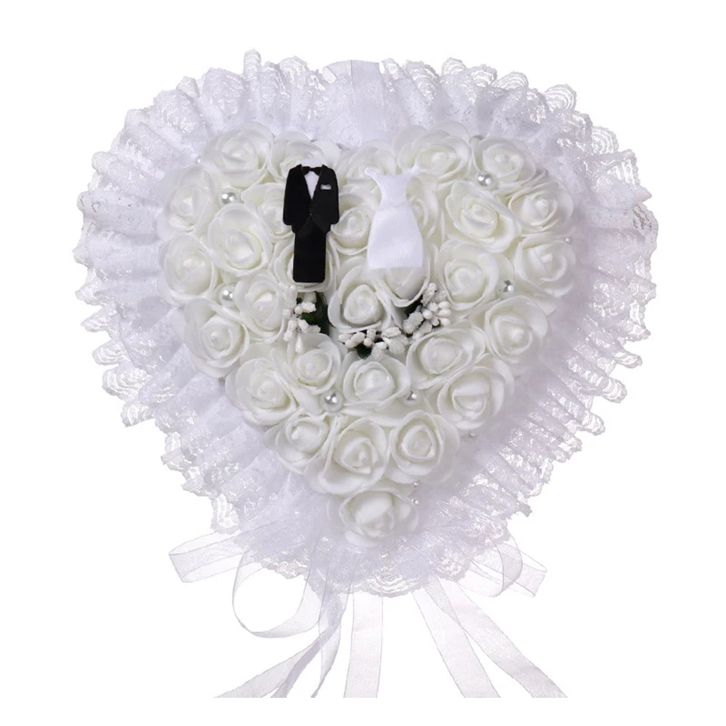 

Wedding Bride and Groom Pearl Ring Bearer Pillow White Rose Lace Ring Box