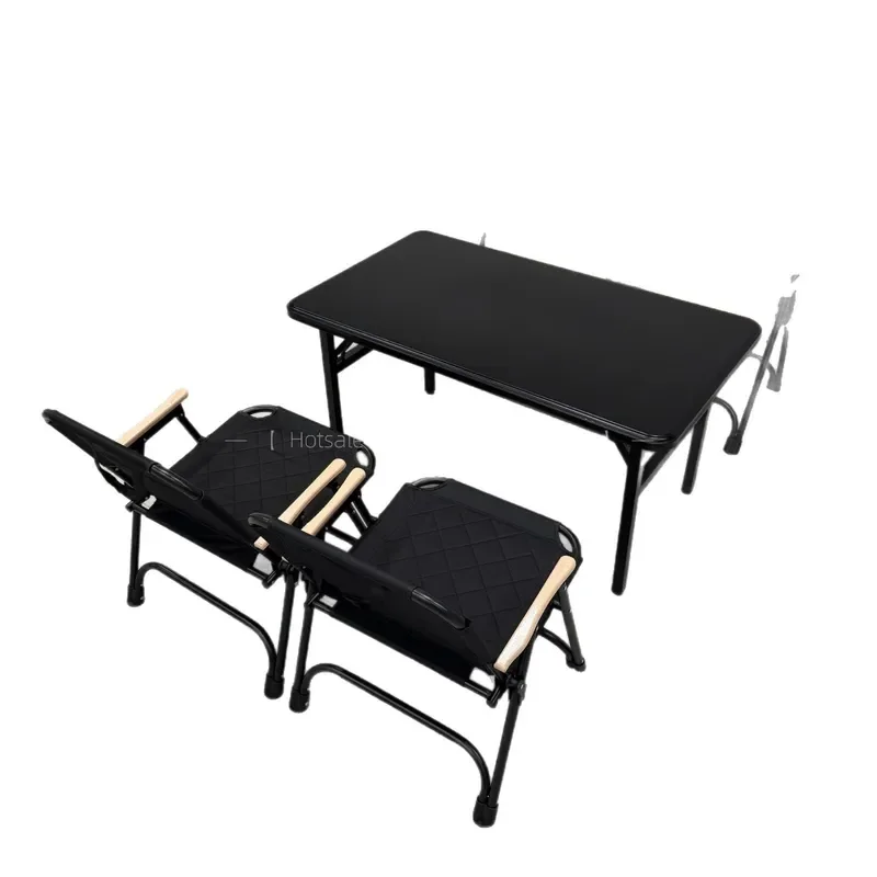 Black Stainless Steel Folding Table and Chair Set Outdoor BBQ Stall Leisure Dining Combo