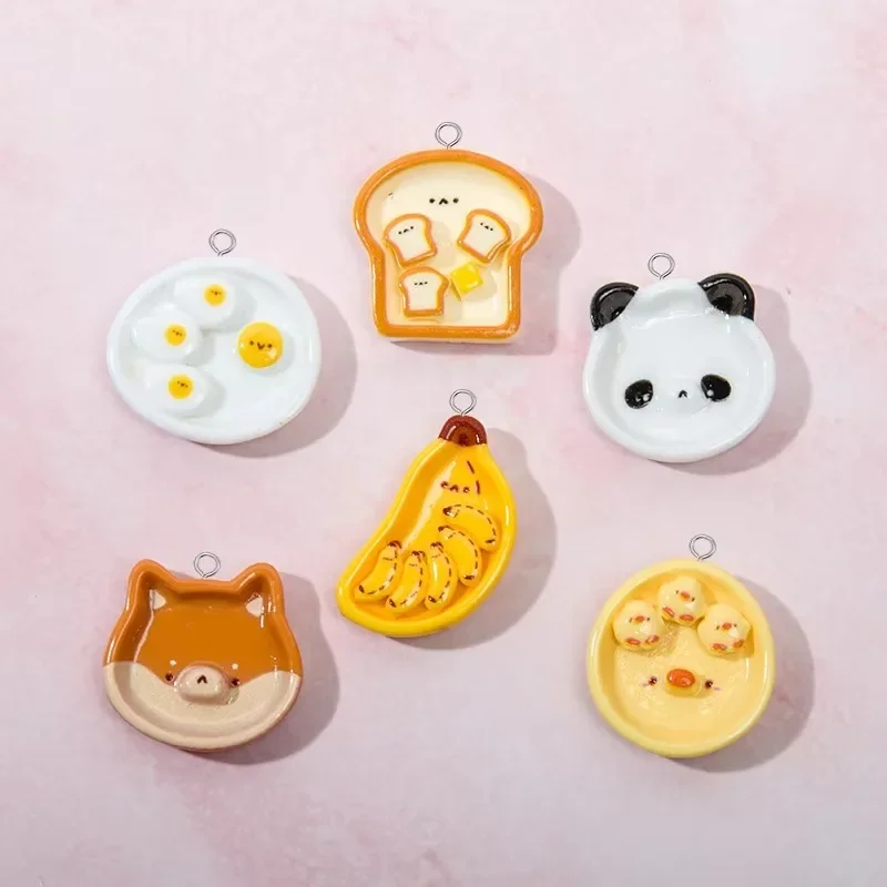 10pcs Panda Toast Resin Charms Cartoon Animal Food Plate Pendants For DIY Earring Keychain Handmade Jewelry Making