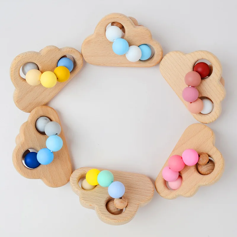 Produtos para mães e bebês, brinquedos para dentição de bebês, hastes de moagem, sinos de agitação, brinquedos para dentição de nuvem de madeira de faia