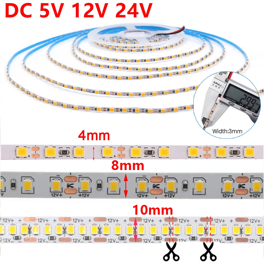 DC 5V 12V 24V Led Strip SMD 2835 120 180 240 LEDs/m Diode Tape 3mm 4mm 8mm 10mm PCB Flexible LED Ribbon TV Backlight for Bedroom