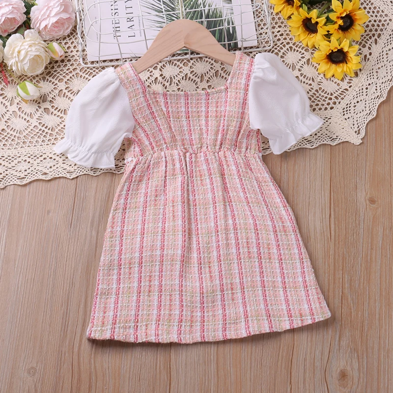 Humor Bear Kids Clothes Checked Pearl Buckle Floral Dress Cute Princess Dress Puff Sleeves With Small Fragrance Dress