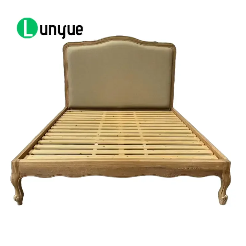 French Style Solid Oak Wood Frame Upholstered Handmade Headboard Double Bed for Bedroom Furniture Elegant Design Durable