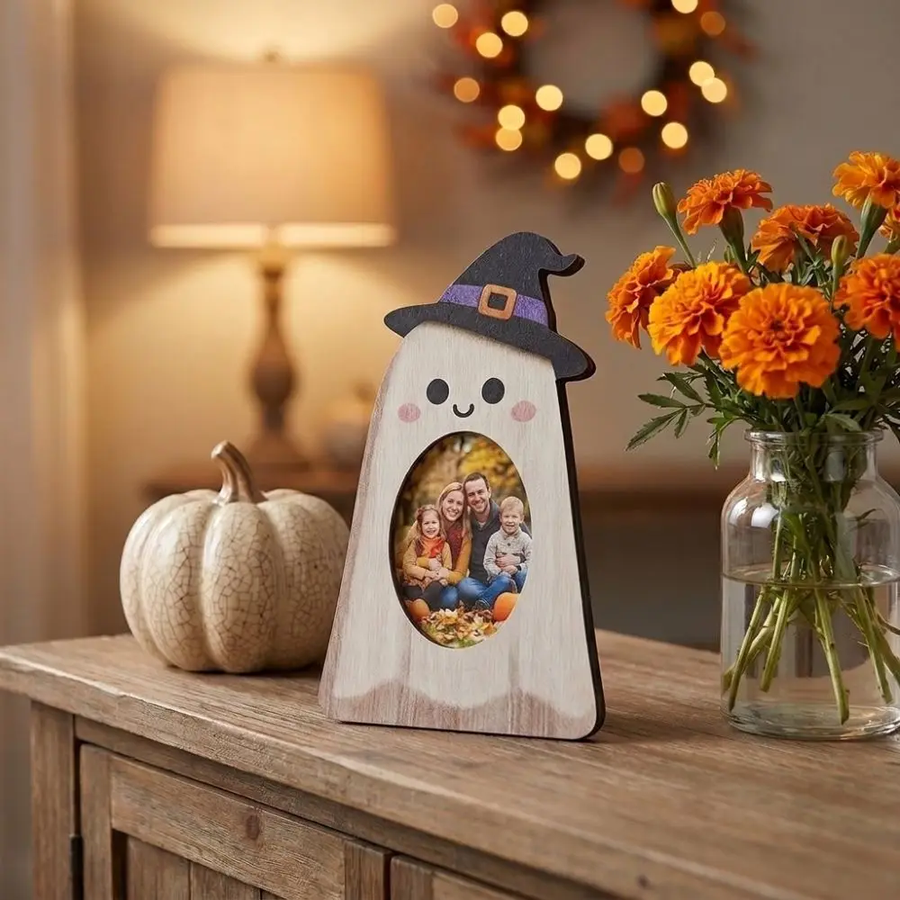 Atmosphere Decor Cute Halloween Ghost Picture Frame Handmade Rustic Pumpkin Shaped Photo Frame Wooden Wooden Crafts Living Room