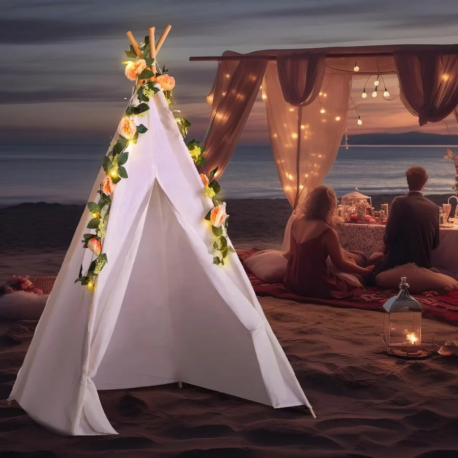 6 Sets Tipi Tent Indoor Katoen Linnen Tipi Speeltent met 6,6 ft Roze Fake Rose Vine Kunstmatige Garland 10 ft Werkt op batterijen