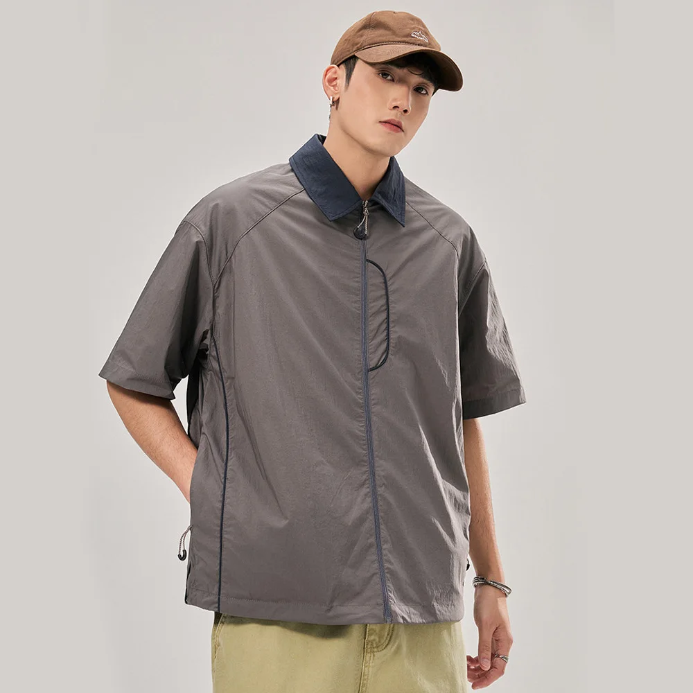 

Summer Outdoor Short Sleeve Zipper Cargo Shirt Men's Nylon Ice-feeling Lightweight Quick Dry Loose Casual Track Shirts Tops