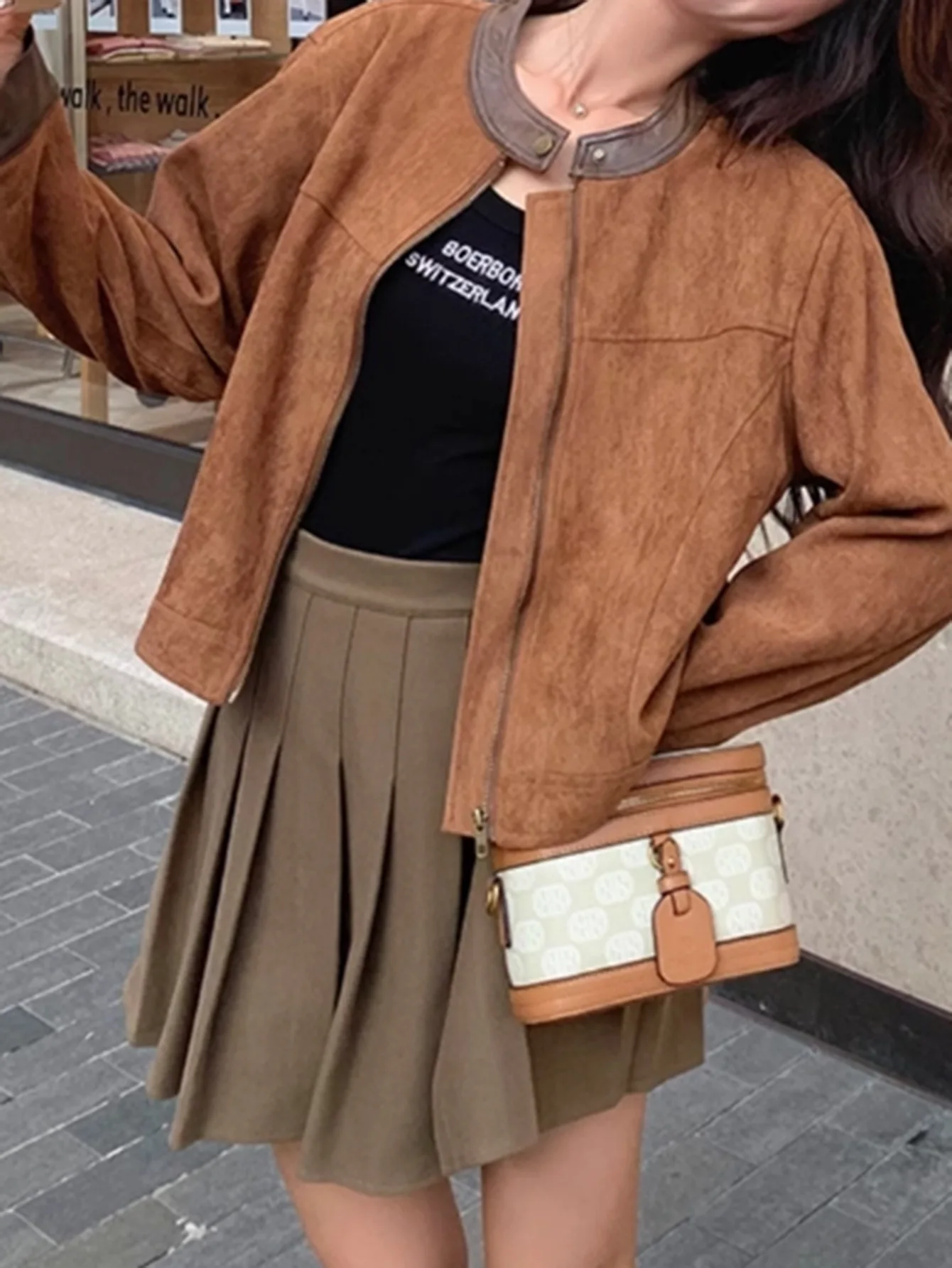 

Autumn Leather Patchwork Collar Suede Texture Women's Jacket Fashion Trend Solid Color Slim Fit Motorcycle Style Short Jacket